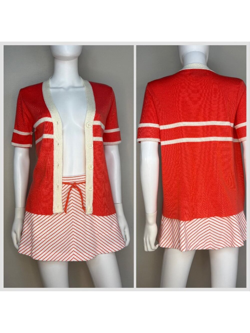 Vintage 1970s Coral Tennis Skirt & Cardigan Sweater Set, Top Seed Size Small